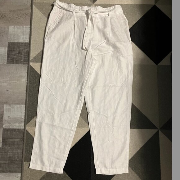NWT LOFT White Linen Blend Paper Bag Pants Women's Size LT - Picture 1 of 8